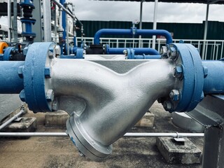 pipes and valves. Industrial Y-strainer valve on steel piping system with flange connection in outdoor chemical plant. High-resolution close-up detail of metal filter for mechanical fluid filtration.