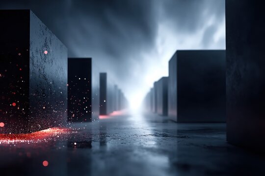 Abstract dark city with glowing particles and light source