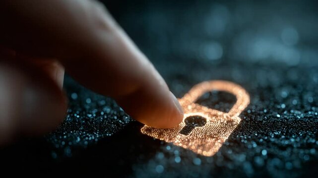 Glowing padlock with a fingertip about to touch it, indicating security. A dark, bokeh background