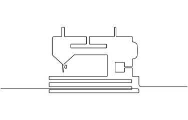 Tailoring tools for sewing garments in one continuous line. Sewing machine, spool of thread, needle. Editable vector contour, Tailor Made Continuous.