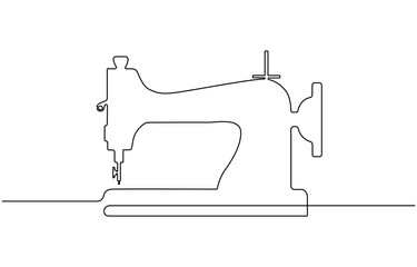 Tailoring tools for sewing garments in one continuous line. Sewing machine, spool of thread, needle. Editable vector contour, Tailor Made Continuous.