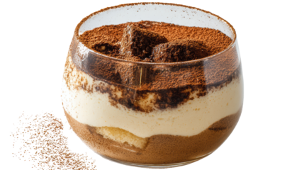 Delicious tiramisu dessert in a glass, topped with cocoa powder, on a white isolated background.
