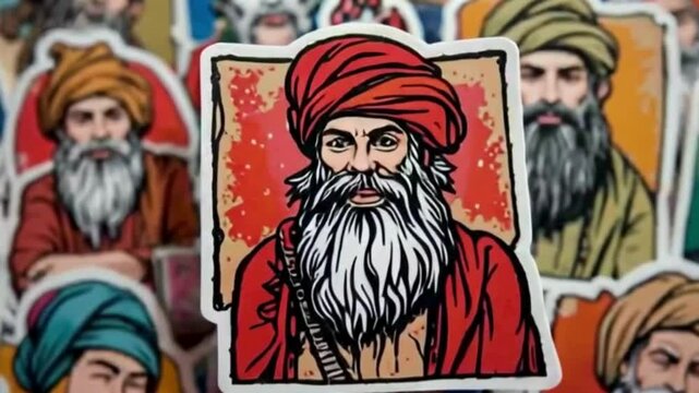 Discover intricate artistry showcasing stickers of Islamic scholars with detailed beards and traditional turbans, a testament to rich history and cultural heritage.