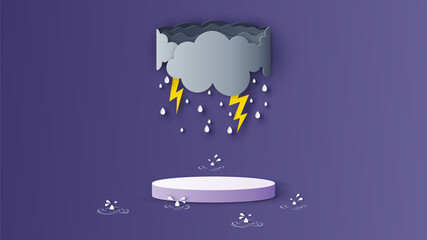 Circle stage podium for rainy season with water splash, clouds, rain drops, lightning and blank space. Rainy season podium mockup template. paper cut and craft style. vector, illustration.