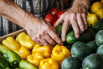 Man's hands selecting fresh organic watermelons and bell peppers at a produce market