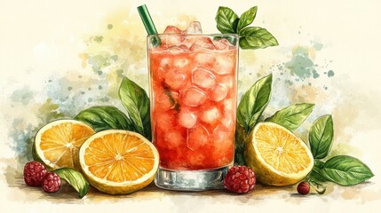 Fototapeta premium Illustration of Red Drink, Orange Halves, Raspberries, and Leaves