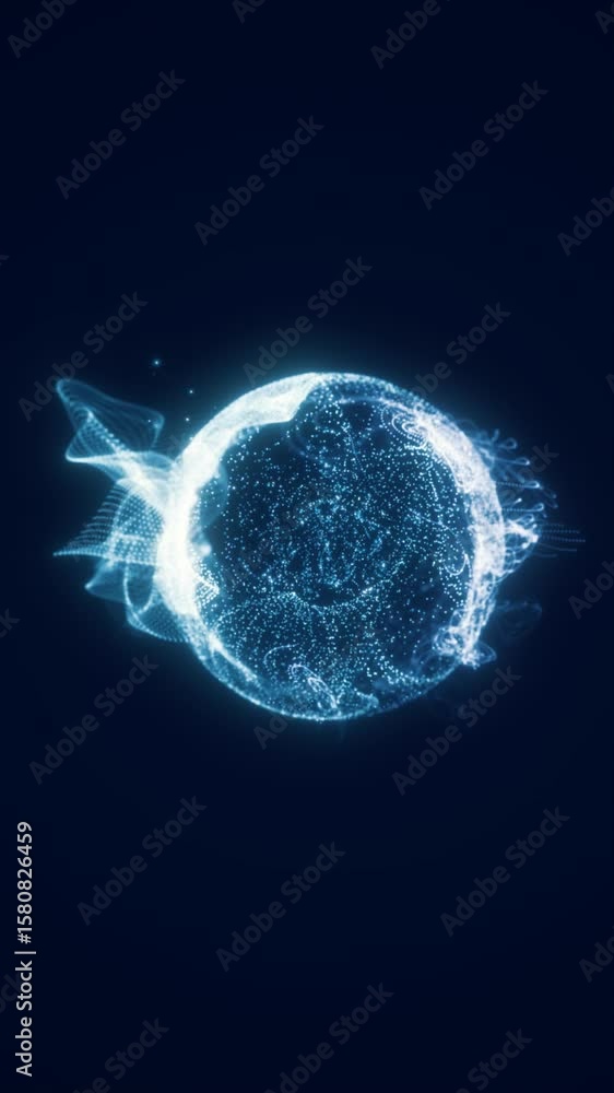 Poster glowing sphere of dynamic blue particles and waveforms forming a digital orb in a dark space backgro