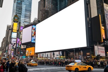 Street billboard mockup with white screen in New York City Times Square, blank advertising panel in clean urban setting with towering buildings