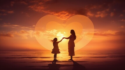 Fototapeta premium Silhouette of a mother and child forming a heart shape with their hands against a sunset soft pastel sky cinematic composition