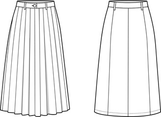 Cad drawing, flat vector illustration, fashion design, pleated skirt, straight skirt, sewing pattern, apparel design, garment template,