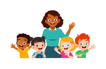 African teacher with happy children waving in classroom cartoon illustration