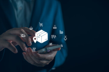 Businessman manage supply chain icon for Logistic, organizing and controlling resources to meet the...