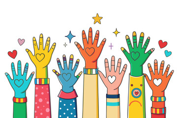 Colorful Cartoon Hands Raised in Unity &ndash; Diversity, Volunteering, and Support Illustration
