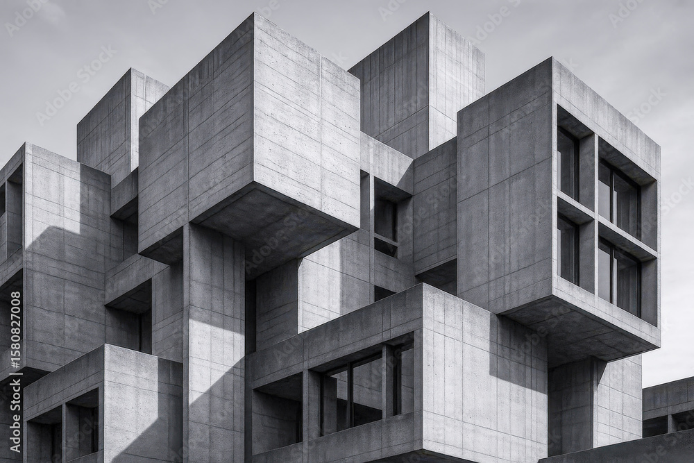 Poster striking concrete architecture showcases modern building design with modular geometric shapes, empha