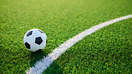 Soccer ball resting on green grass next to a white field line