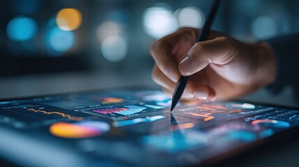 Hand using stylus on tablet displaying data charts and graphs Technology