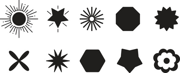 Brutalist abstract geometric shapes and grids. Brutal contemporary figure star oval spiral flower and other primitive elements.