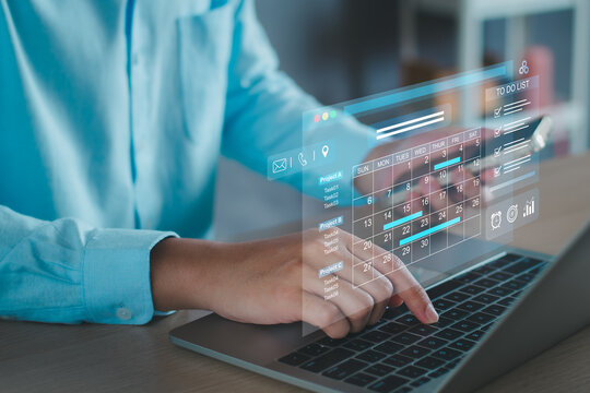 Business Plan Calendar Agenda work schedule and Project management concept, Businessman manages time for effective working with Calendar on virtual screen, Reminder appointment.