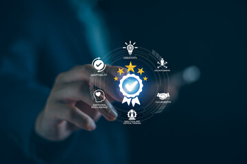 Soft skills HR and quality assurance concept, Businessman with icons high standard certificate, emotional intelligence, creativity, collaboration, adaptability, decision making and analytical thinking