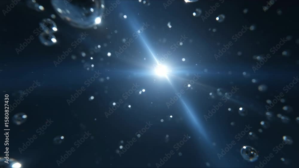 Poster floating transparent spheres drifting through space with a bright star at the center and parallax ca