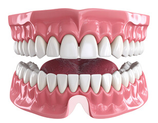 Obraz premium Realistic 3D human teeth and gums model, front view with open bite, isolated on transparent background PNG 