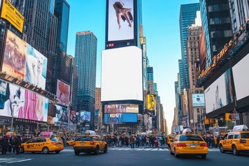 Billboard mockup on New York City Times Square street, massive white screen and clean empty space for design overlay, urban night life and neon building lights