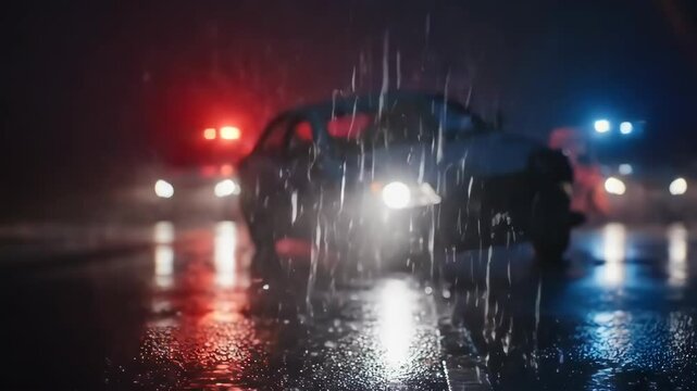 Intense rainy night with police pursuit featuring car chase and emergency lights reflecting dynamically