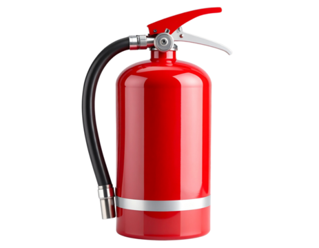Classic red fire extinguisher with nozzle, isolated on a transparent background