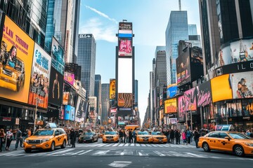 Times Square billboard mockup with white screen on NYC street, blank outdoor advertising board mounted on tower, glowing urban lights and architectural background
