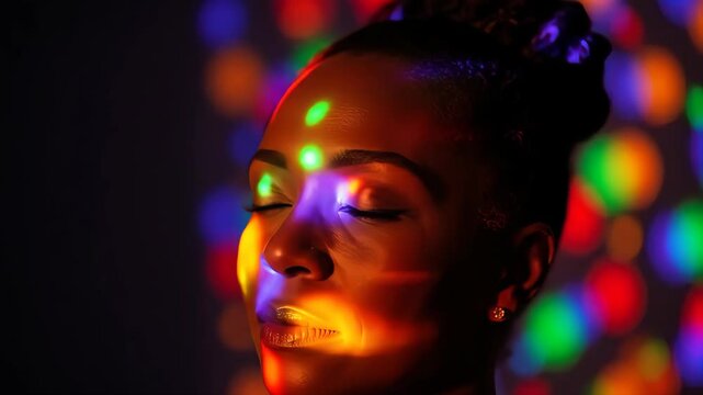Close Up Portrait Woman Illuminated by Colorful Lights