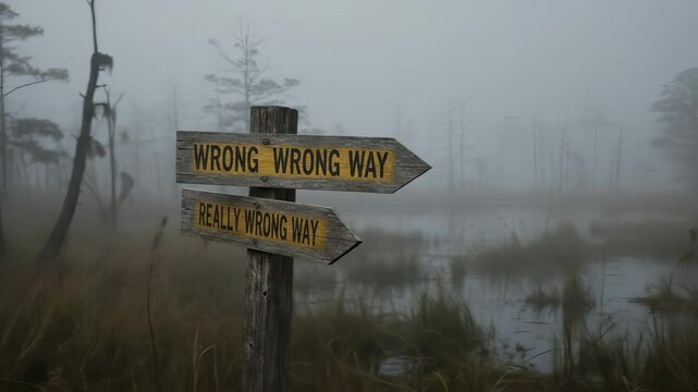 Dilemma of Confusing Choices: A humorous "Wrong Way" signpost in a misty swamp landscape, offering only bad paths.