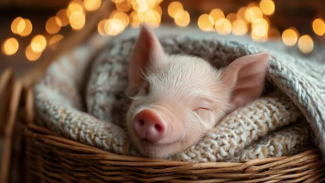 Mini pig sleeping in basket under blanket near fireplace &mdash; cozy home atmosphere