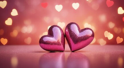 Obraz premium two cute hearts with bokeh lights in the background, a Valentine's Day concept.