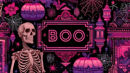 Seamless Pink and Gothic Halloween Design with Skeletons and Pumpkins with boo text

