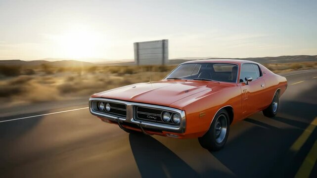 Orange Classic Car Driving on Desert Road at Sunset Golden Hour