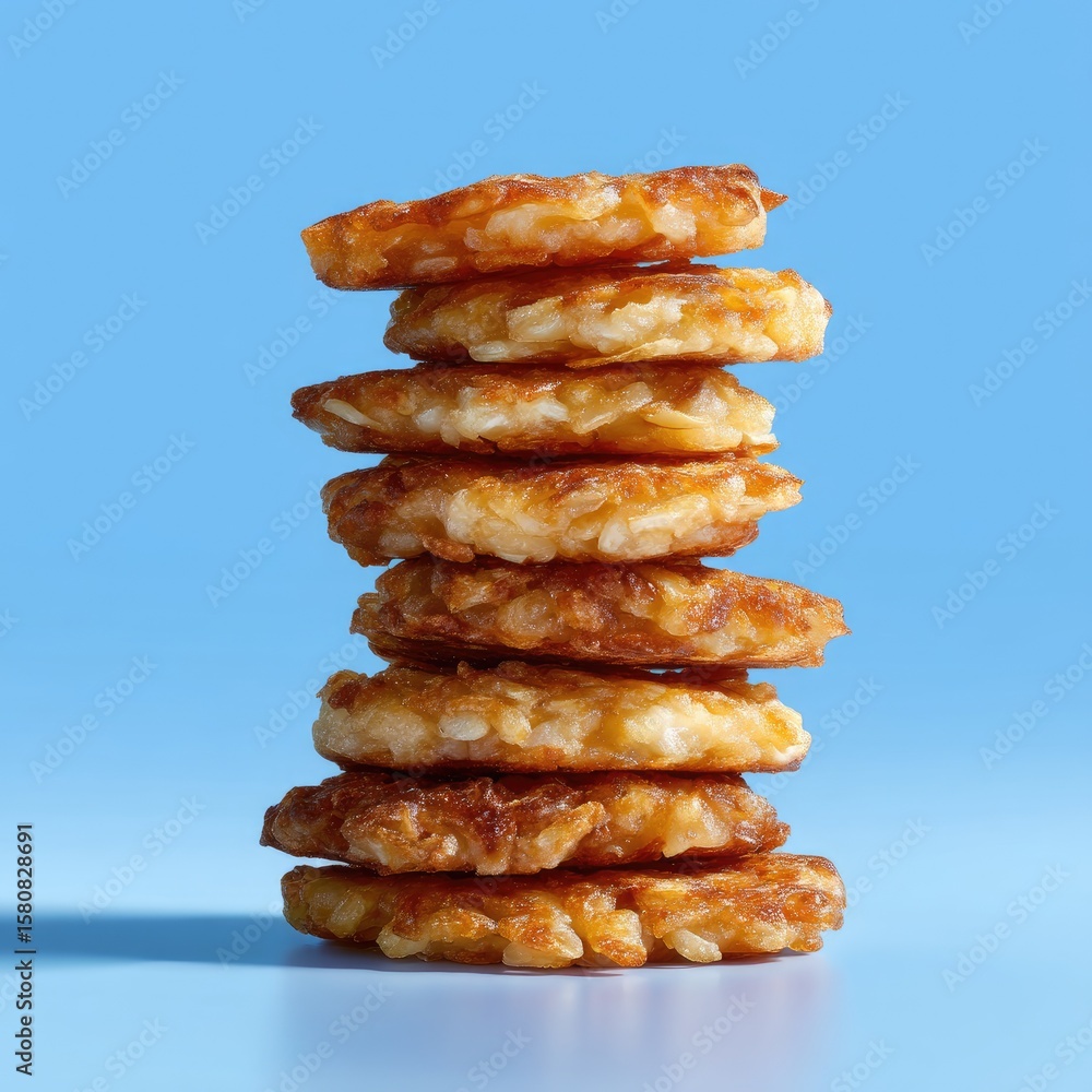 Poster stack of crispy potato cakes on a bright blue background with a focus on texture and color contrast