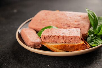 Pate meat peppers pork liver, pork meat riyet fresh delicious gourmet food background on the table rustic food top view copy space