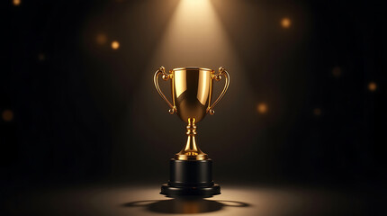 Golden trophy illuminated by a spotlight on a dark stage with bokeh lights