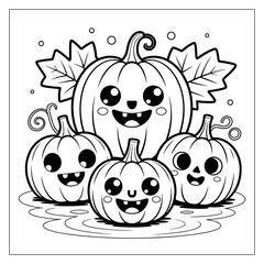 Fototapeta premium Happy pumpkins with faces and leaves in playful arrangement, Halloween coloring page, kid-friendly