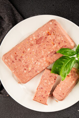 Pate meat peppers pork liver, pork meat riyet fresh delicious gourmet food background on the table rustic food top view copy space