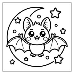 Obraz premium Cute cartoon bat flying with wings under the moon and stars, Halloween coloring page, kid-friendly