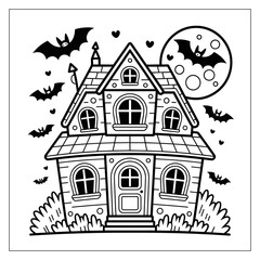 Cartoon haunted house with bats and moon in black and white design, Halloween coloring page, kid-friendly