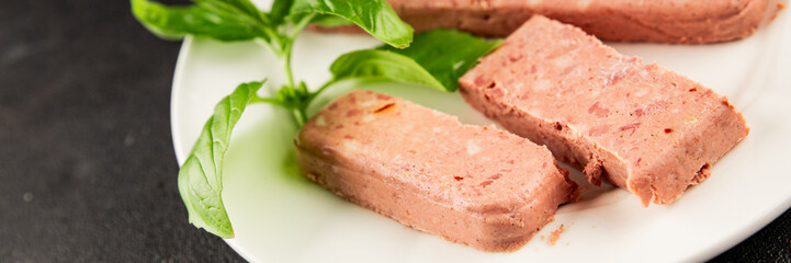 Pate meat peppers pork liver, pork meat riyet fresh delicious gourmet food background on the table rustic food top view copy space