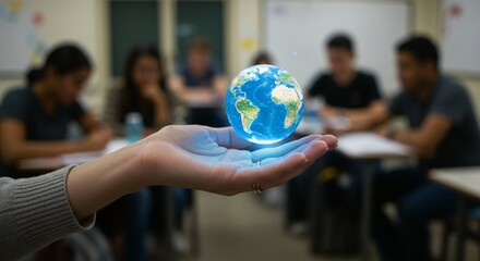 A glowing digital globe floats above a hand in a classroom, symbolizing global learning and a connected future for education.