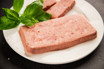 Pate meat peppers pork liver, pork meat riyet fresh delicious gourmet food background on the table rustic food top view copy space