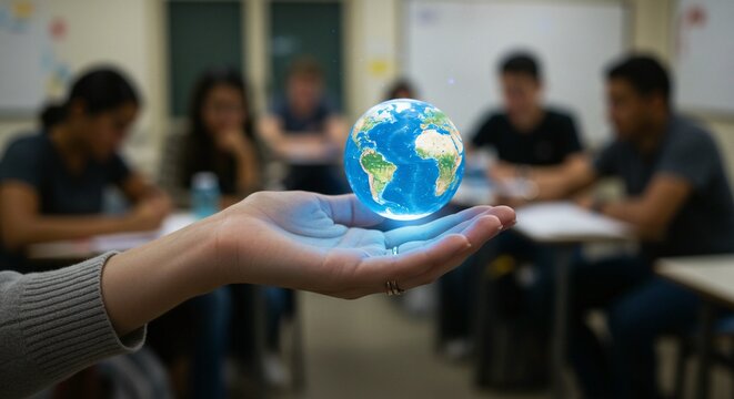 A glowing digital globe floats above a hand in a classroom, symbolizing global learning and a connected future for education.