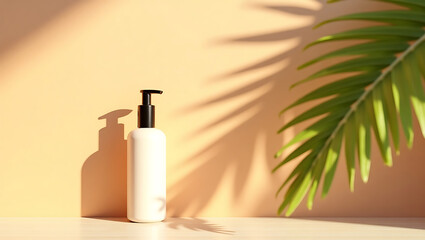 Minimalist white pump bottle with black dispenser on wooden surface with palm leaf shadow