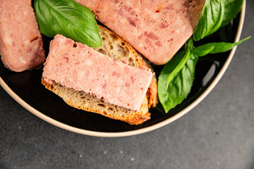 Pate meat peppers pork liver, pork meat riyet fresh delicious gourmet food background on the table rustic food top view copy space