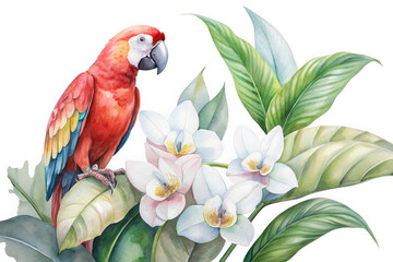 A vibrant watercolor painting of a scarlet macaw perched among lush green leaves and delicate white orchids isolated on transparent background