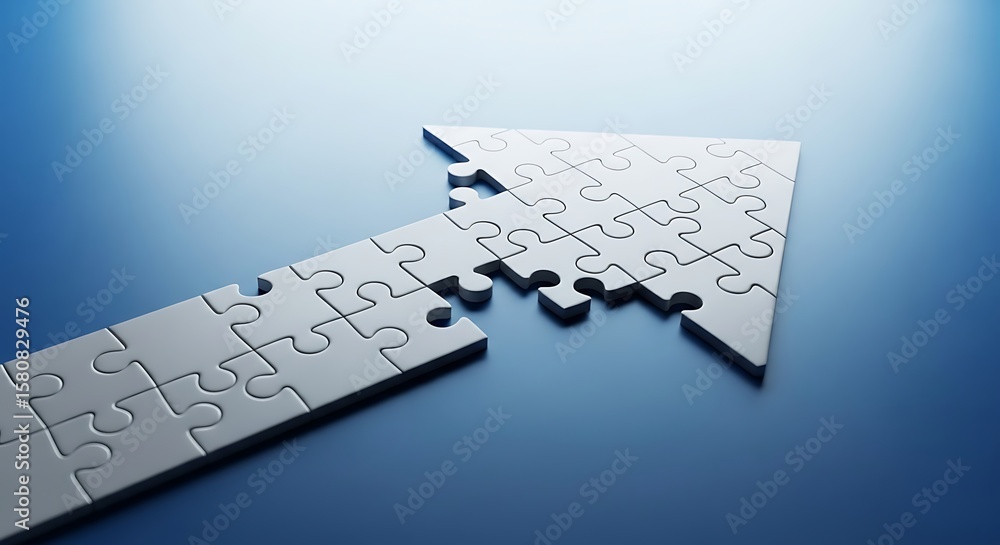 Poster white puzzle pieces forming an arrow shape against a blue gradient background image